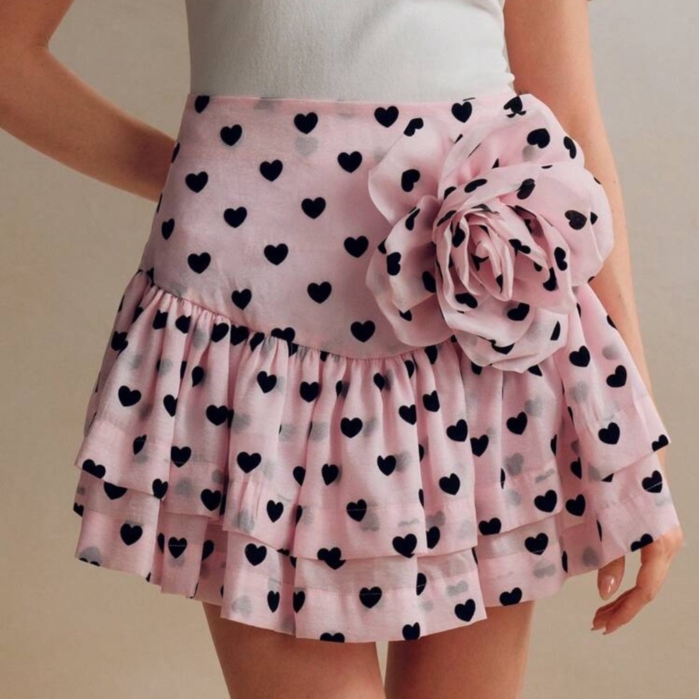 Anewsta Cute Daily Wear Heart Pattern Pink Ruffle Edge 3D Floral A-Line Skirt